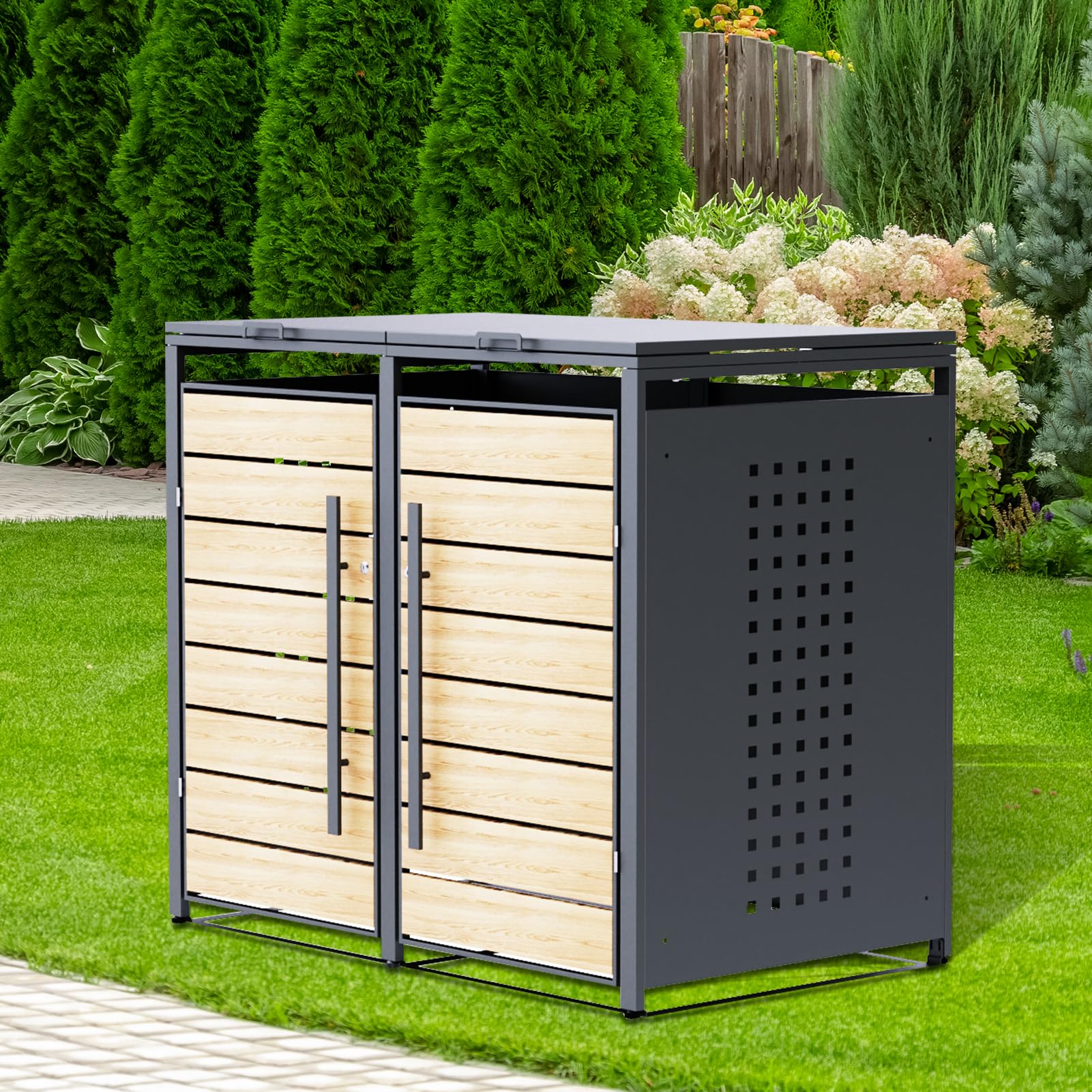 CHOSHOME Mülltonnenbox 2er 240L - Anthrazitgrau Verzinkter Stahl & Holzoptik - 2 Tonnen mit Abschließbar - inkl. Erweiterungsmöglichkeit - Mülltonnenverkleidung, Aufbewahrungsbox für Mülltonnen 9