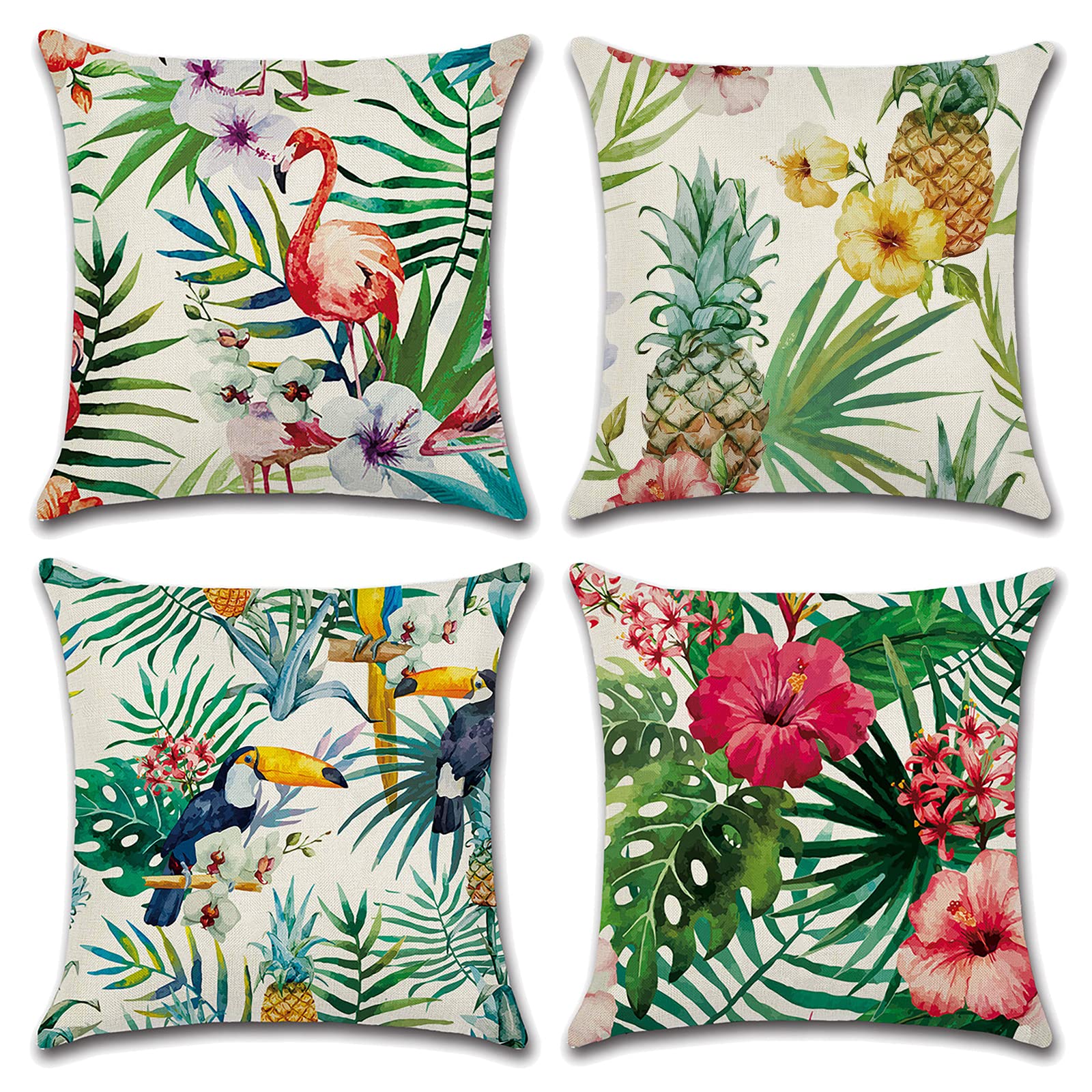 OCEUMACO Linen Cushion Covers 45 x 45 cm Set of 4 Green Jungle Leaf Birds Throw Pillow Cases 18x18 Inches Outdoor Decorative Tropical Leaves Floral Cushion Cover Home Sofa - Multicoloured
