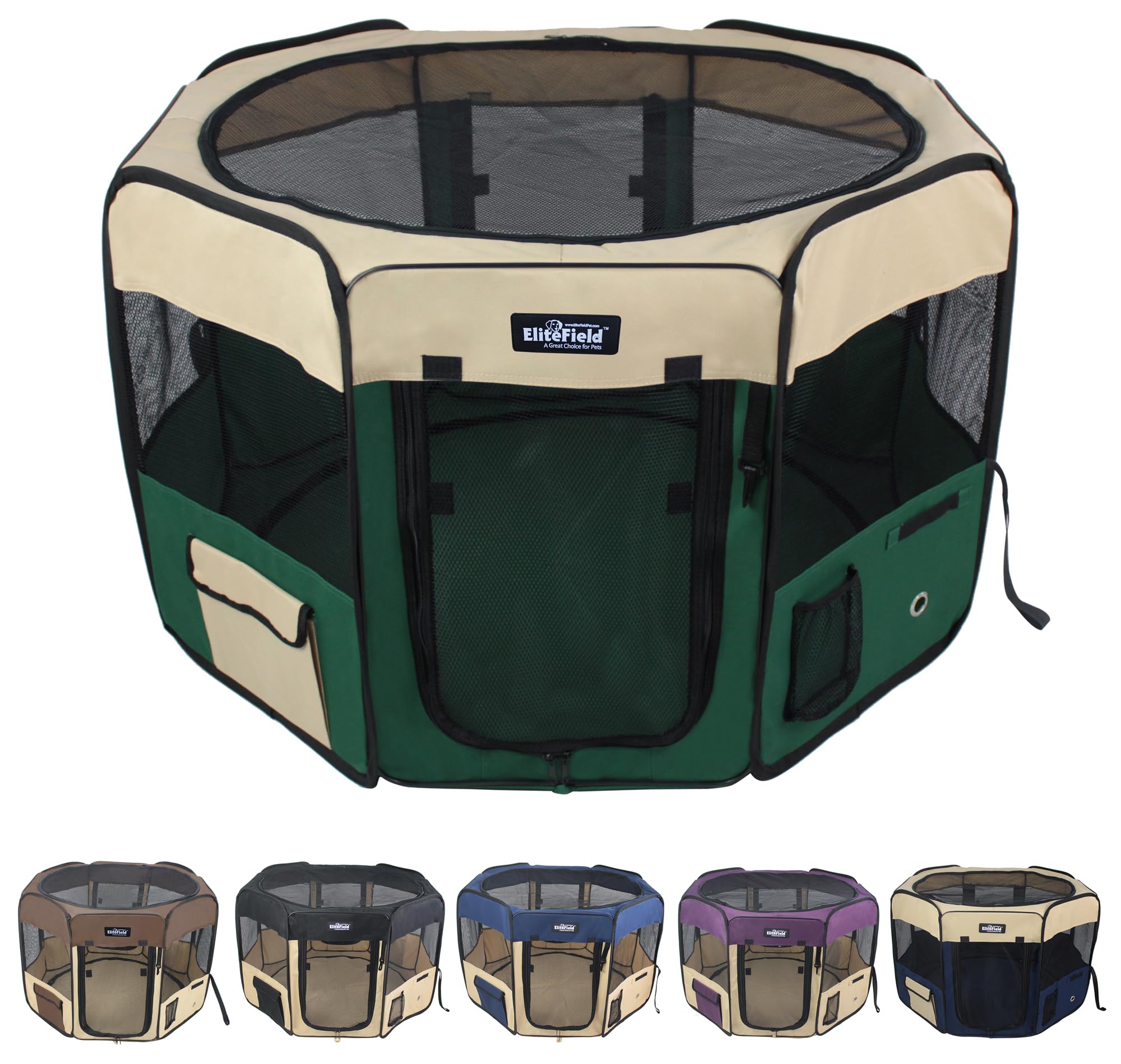 EliteField 2-Door Soft Pet Playpen (2 Year Warranty), Exercise Pen, Multiple Sizes and Colors Available for Dogs, Cats and Other Pets (62" x 62" x 24"H, Beige+Green)