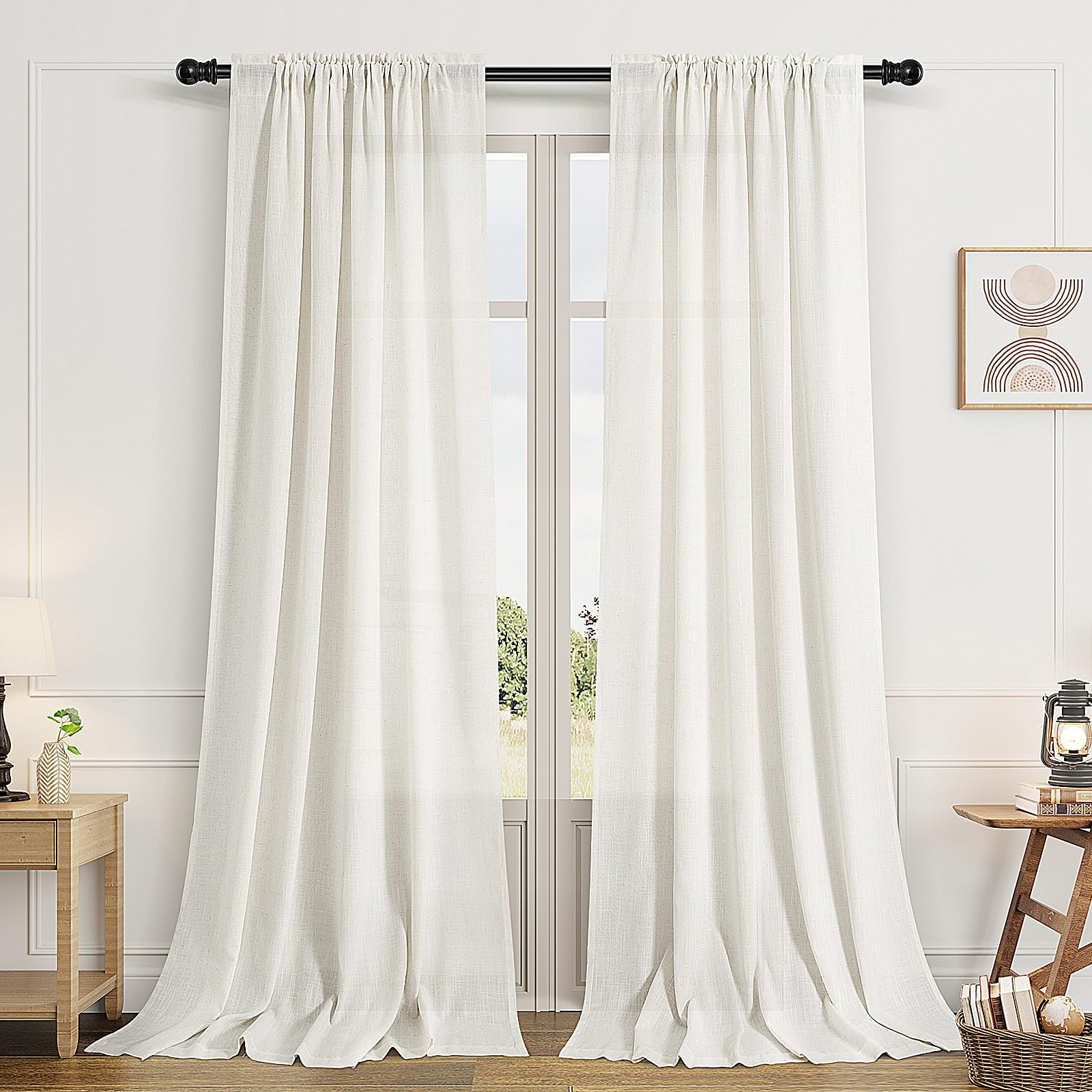 Photo 1 of Guken Natural Linen Curtains 86 Inch Length for Living Room Bedroom 2 Panels Set Rod Pocket Light Filtering Semi Sheer Window Curtains 52 Inch Width Boho Farmhouse Linen Drapes Cream Ivory, W52xL86