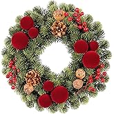 Small Christmas Wreath, 13Inch Artificial Burgundy Velvet Ball Red Berry Pine Cone Wreaths for Front Door Christmas Decorations, for Indoor Outdoor Home Hoilday Indoor Xmas Wall Decor.