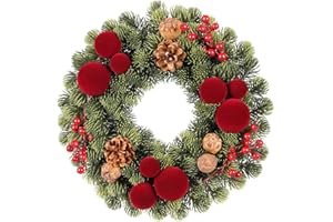 SY SUPER BANG Small Christmas Wreath, 13Inch Artificial Burgundy Velvet Ball Red Berry Pine Cone Wreaths for Front Door Christmas Decorations, for Indoor Outdoor Home Hoilday Indoor Xmas Wall Decor.