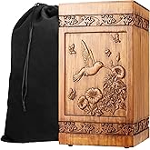 Hand Carved Wooden Urn for Human Ashes Adult, Biodegradable Burial Urn for Cremation Ashes of Men Women & Large Pets, Hummingbird Design with Velvet Bag, Pine Wood, 250lbs Capacity
