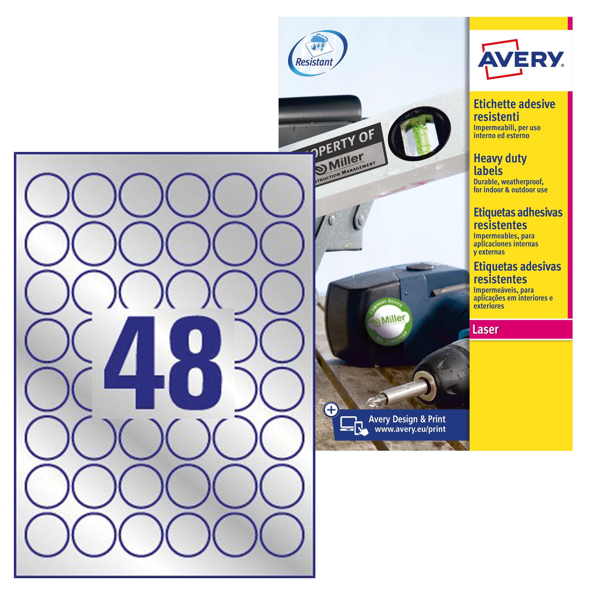 Avery L6129-20 Extra-Strong Adhesive Silver Heavy Duty Weatherproof Round Labels, 48 Labels Per A4 Sheet