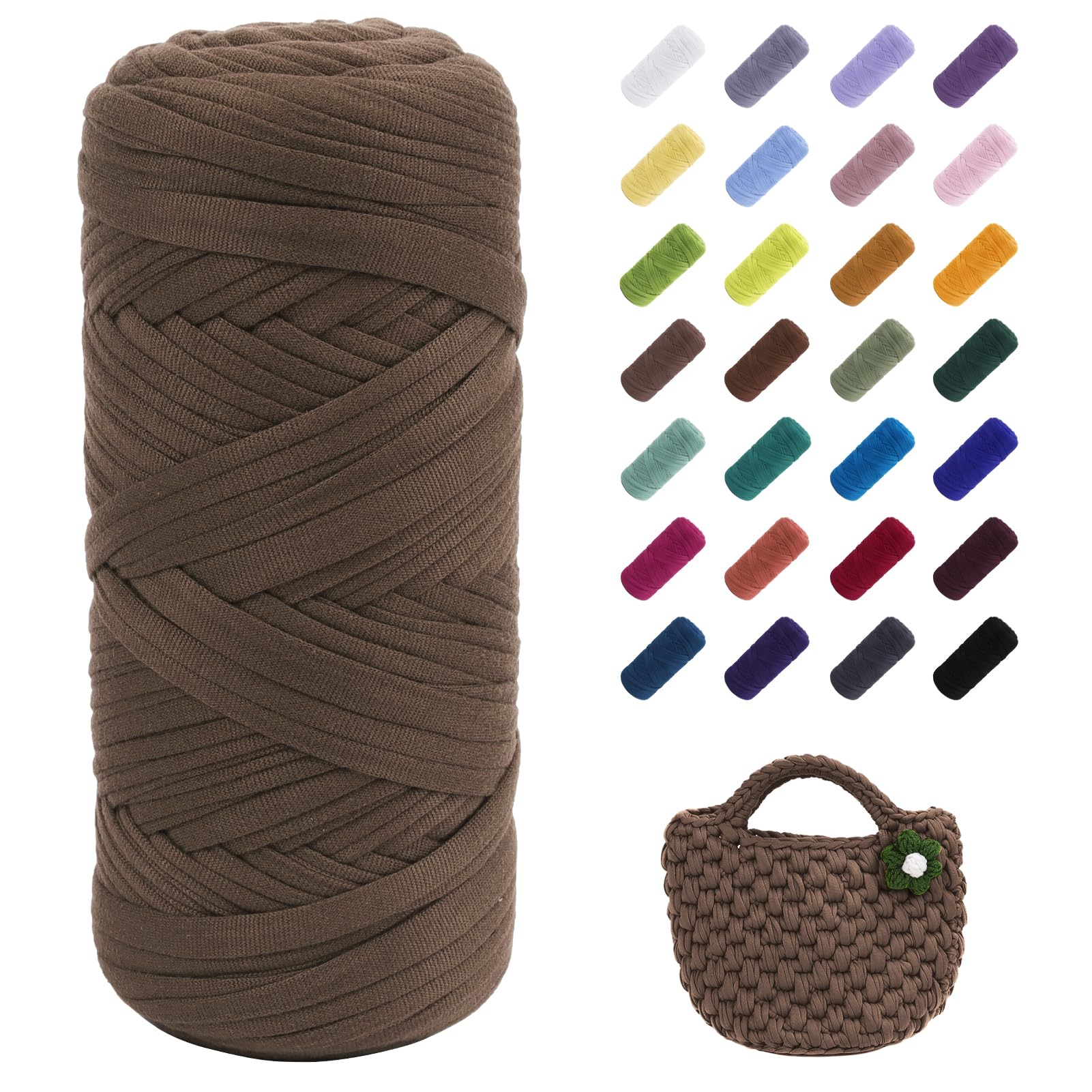 Uiopa T-Shirt Yarn, 200g/196ft Elastic Fabric Cloth Knitting T Shirt Yarn, Coffee Thick Crochet Fabric Ribbon for Crocheting Bags/Baskets/Rugs, Home Decor, DIY Crafts