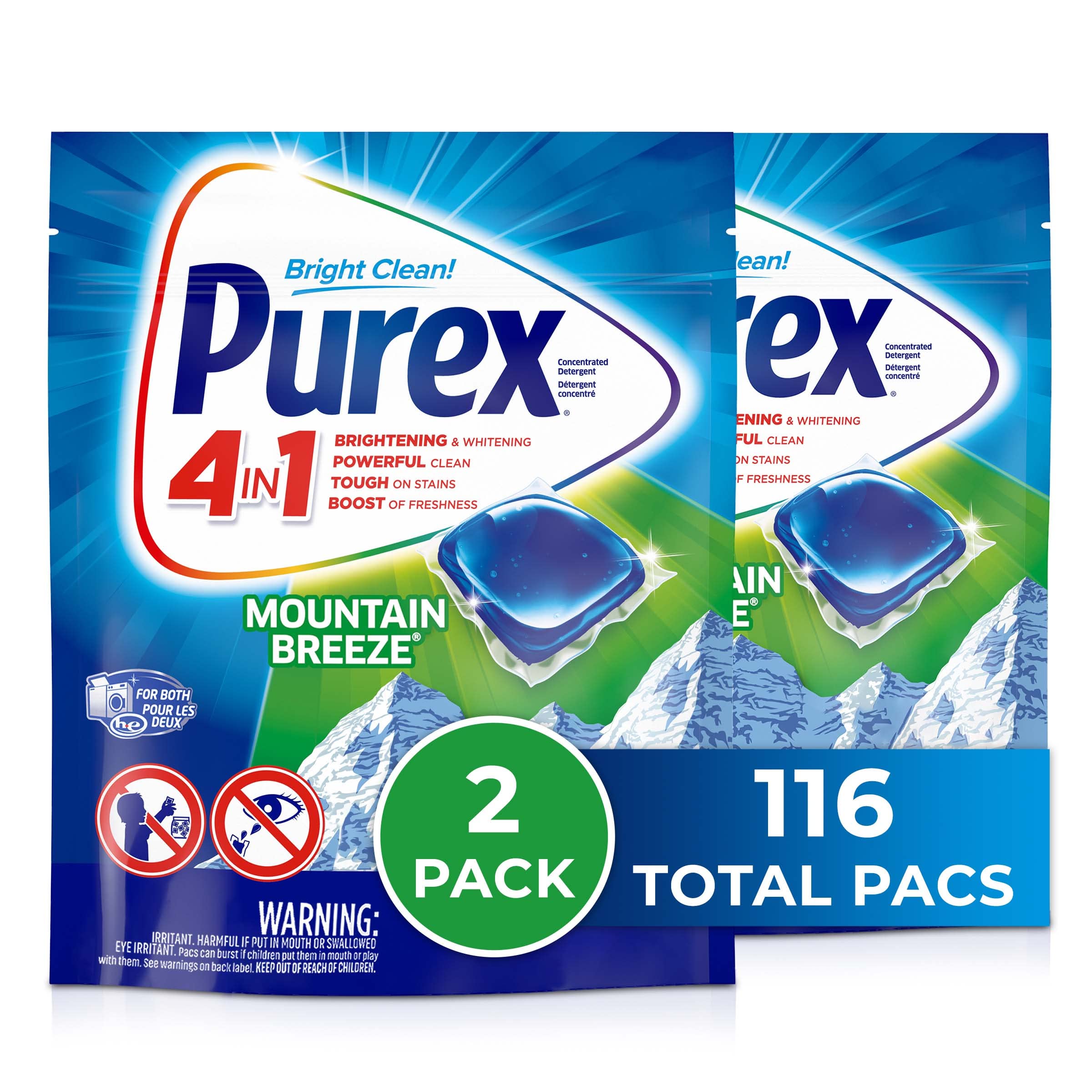 Purex 4-in-1 Laundry Detergent Pacs, Mountain Breeze, 58Count, Pack of 2, Total Loads, 116, 116Count
