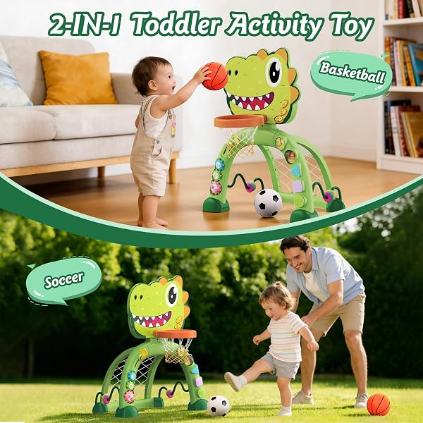 TWINKOO DINOSAUR TODDLER BASKETBALL HOOP & SOCCER GOAL MONTESSORI TOYS FOR BABY 12-18 MONTHS, 1, 2, 3+ YEAR OLD GIFT TOYS FOR BOY AND GIRL (GREEN)