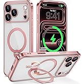 GolbinBox for iPhone 17 Pro Case with 360° Spin Magnetic Stand,[Compatible with Magsafe] [Military Protection][Built-in Ring Holder] Camera Control Phone Case for 17 Pro,Pink/Clear