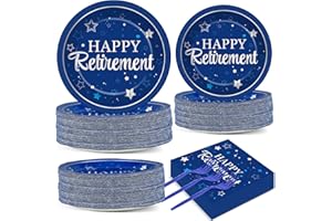 Qyeahkj 50 Guests Retirement Plates and Napkins Party Supplies Happy Retirement Party Decorations Disposable Tableware Set Sliver Blue Dinnerware Favor for Women Men Graduations Theme Party, 200PCS