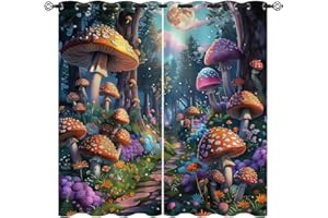 XINBADU Forest Fairy Tales Blackout Curtains for Girls Boy Home Decor, Mushroom Wonderland Botanical Grommet Thermal Insulated Drapes Darkening Window Curtain for Bedroom Living Room, 72 x 63 Inch