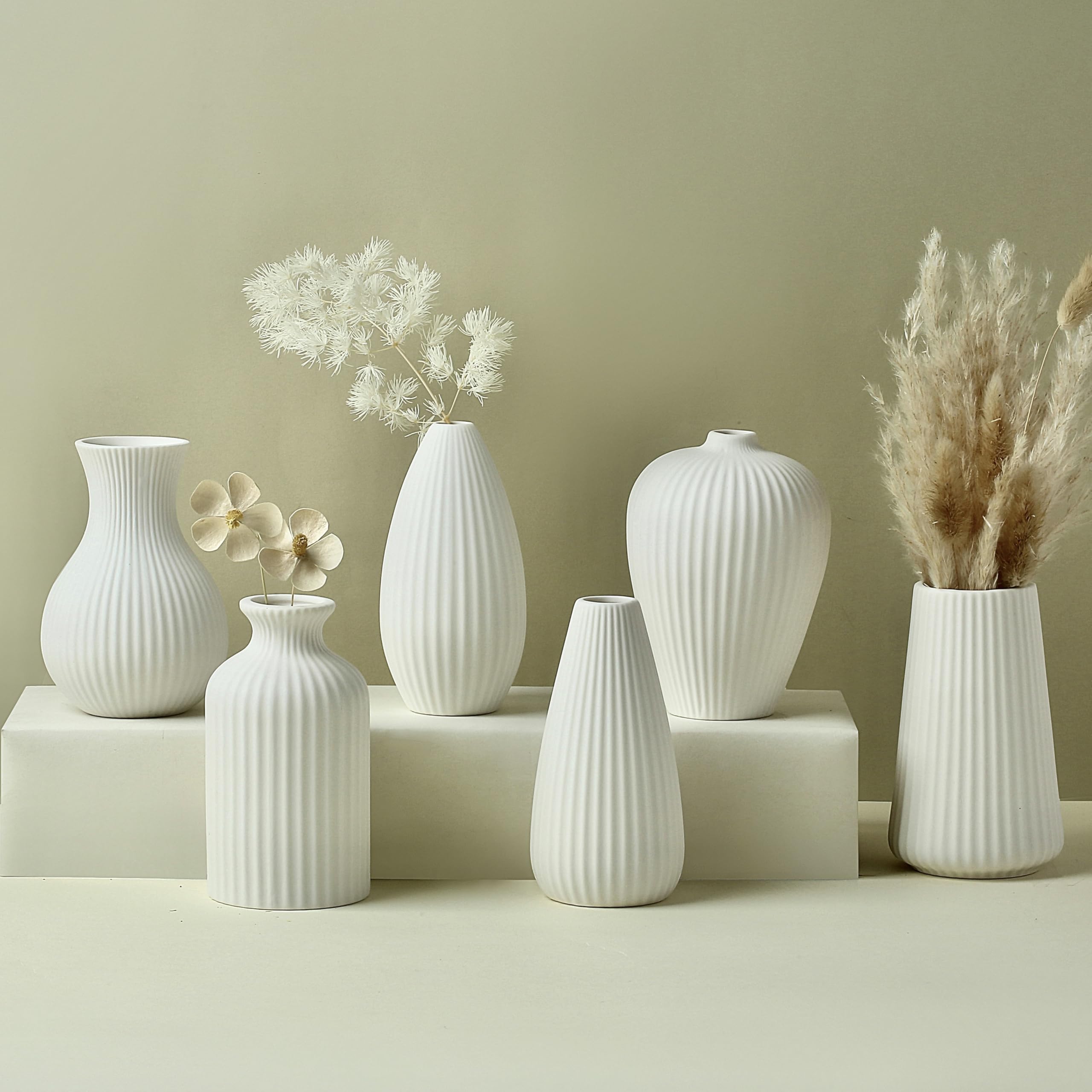 Photo 1 of Parlamain 6'' White Ceramic Ribbed Bud Vases in Bulk, Set of 6 Small Pampas Grass Flower Vase for Modern Farmhouse, Boho Home Decor, Living Room, Vintage Wedding Centerpiece, Table, Shelf Decoration