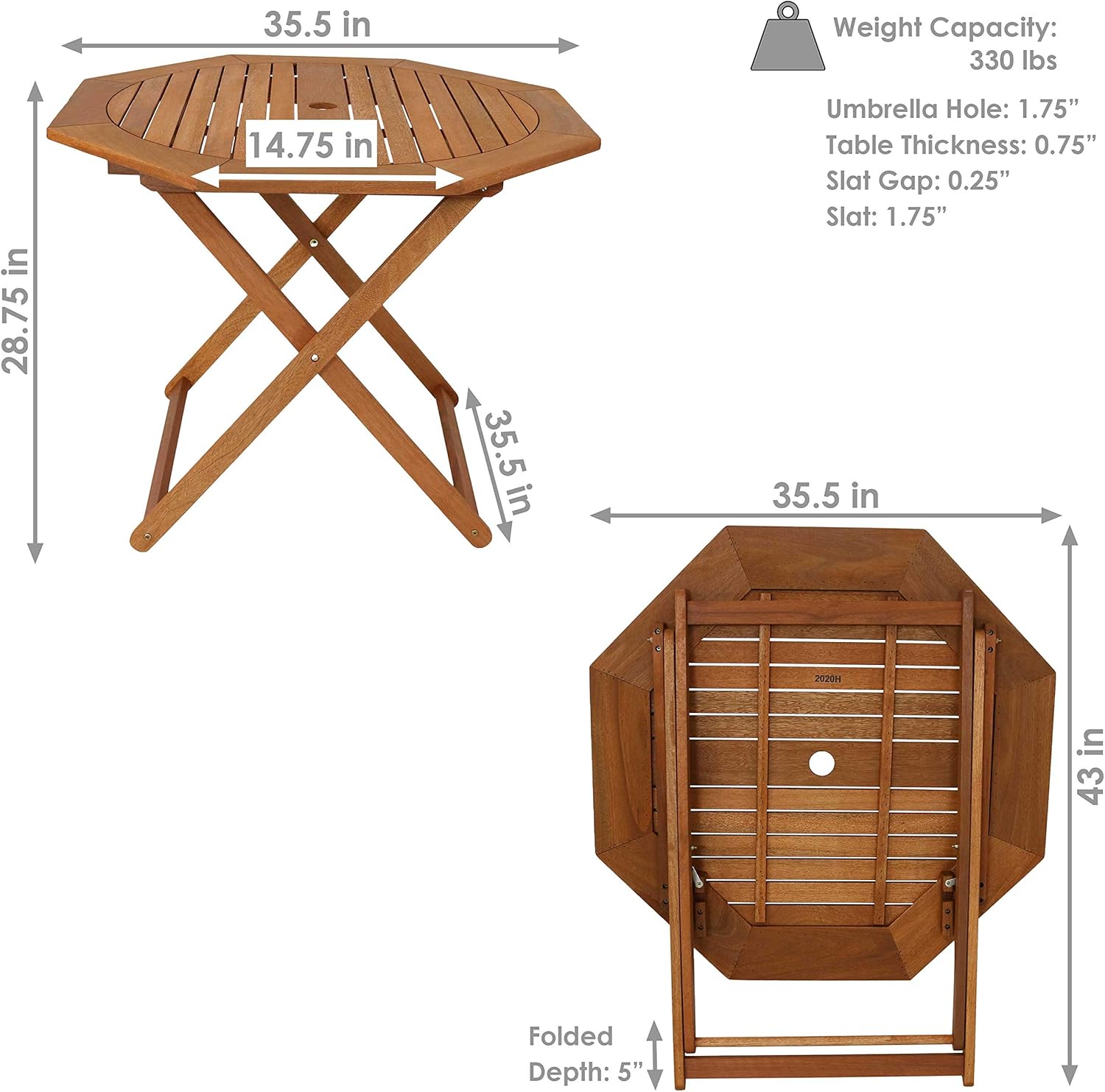 Sunnydaze Meranti Wood Octagon Outdoor Folding Patio Table - Outside Dining Furniture for Deck, Porch, Balcony, Garden, Backyard and Lawn - Teak Oil Finish : Garden & Outdoor