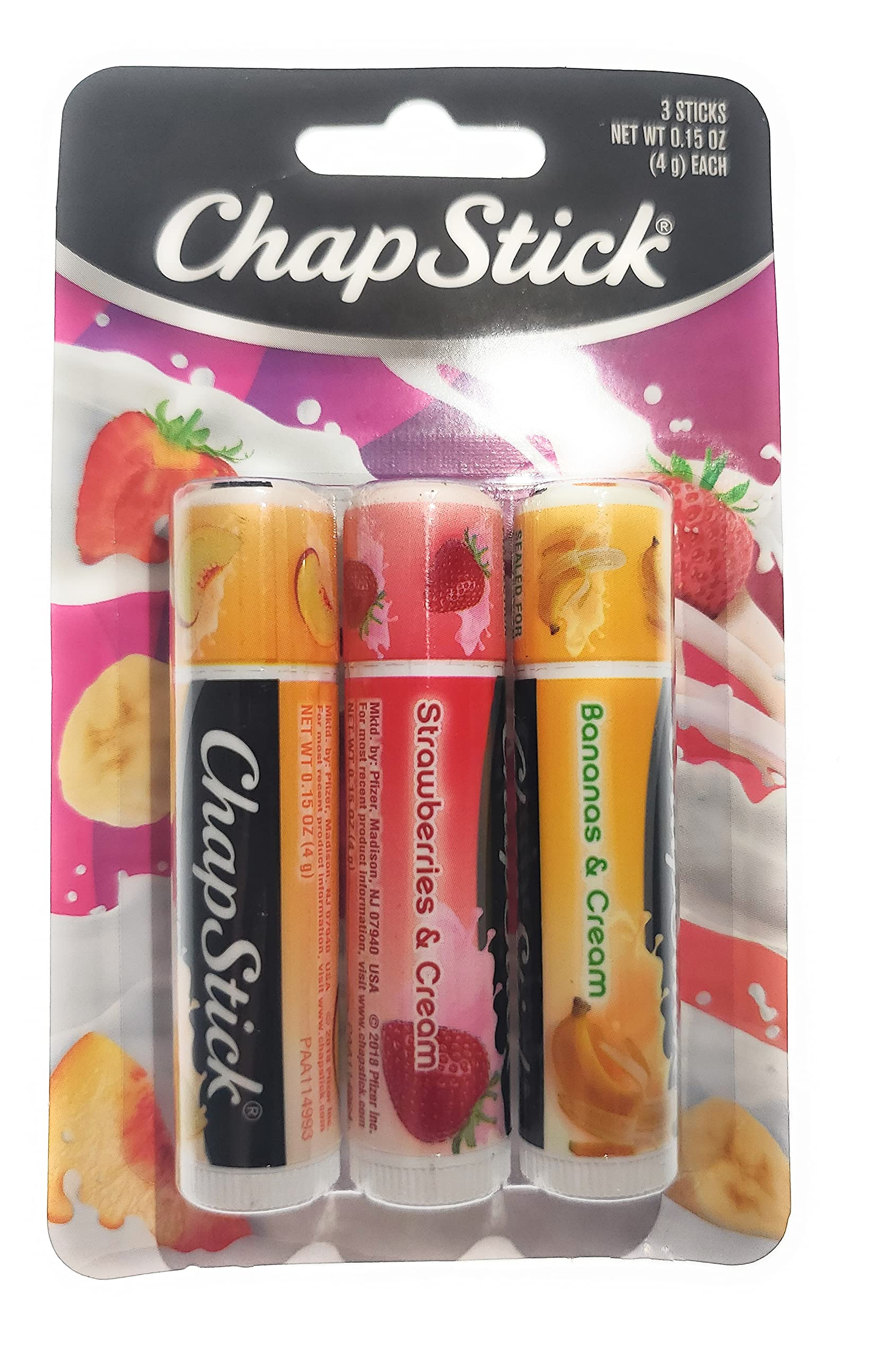 ChapStick Lip Balm Fruit & Cream 3-Pack Collection – Peach, Strawberry & Banana Flavors, 0.15 Oz Ea