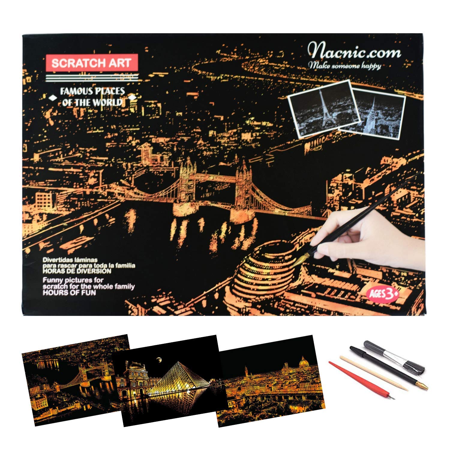 Nacnic Scratch Art Sheets. DIY Arts and Crafts for Adults and Kids. Scratch paper with colourful backgrounds to draw on. London, Florence and Paris. 40.5x28.5cm, 3-Sheet set.