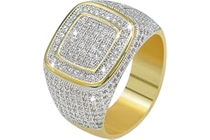 JINAO Men Ring 14K Gold Cluster Iced Out Lab Simulated Diamond Band Micropave Bling Ring for Women
