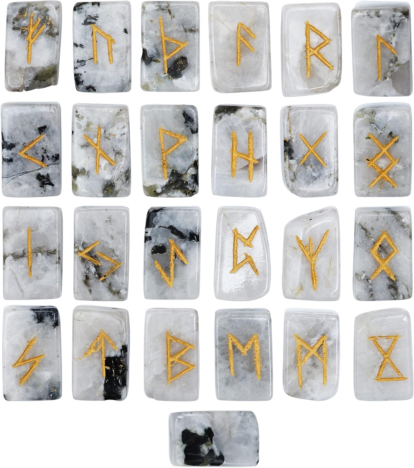 Indoor Fountains & Accessories - Crocon Rainbow Moonstone Rectangle Shape Gemstone Runes with Elder Futhark Alphabet Engraved 25 pcs Rune Set Crystal Divination Healing Chakra Reiki Runes Set with a Pouch Size : 20-25mm