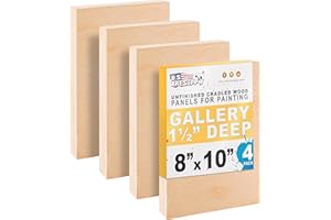 U.S. Art Supply 8" x 10" Unfinished Cradled Wood Panels for Painting, Gallery 1-1/2" Deep (4 Pack) - Artist Depth Wooden Wall Canvases - Mixed-Media Craft, Acrylic, Oil, Encaustic, Paint Pouring