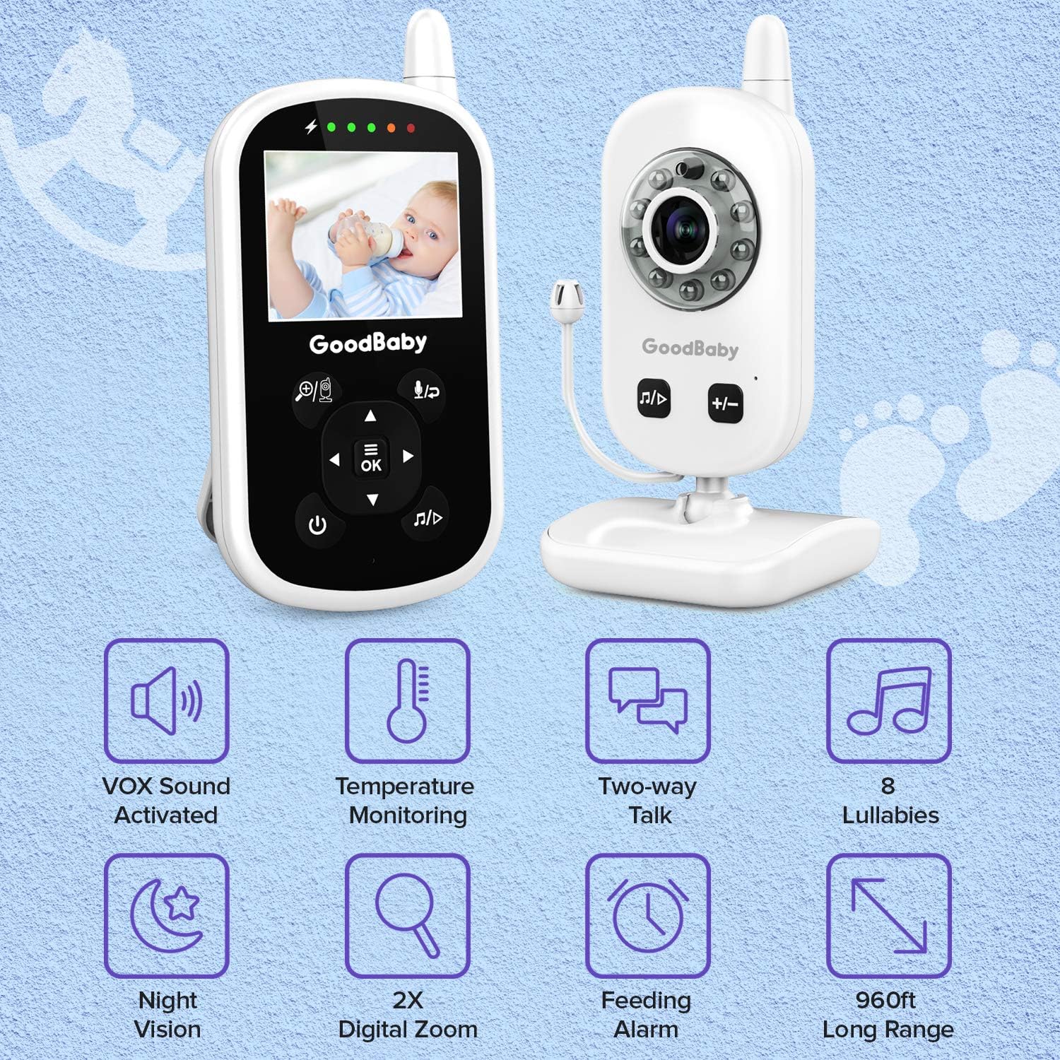 Video Baby Monitor with Camera and Audio - Auto Night Vision,Two-Way Talk, Temperature Monitor, VOX Mode, Lullabies, 960ft Range and Long Battery Life: Camera & Photo