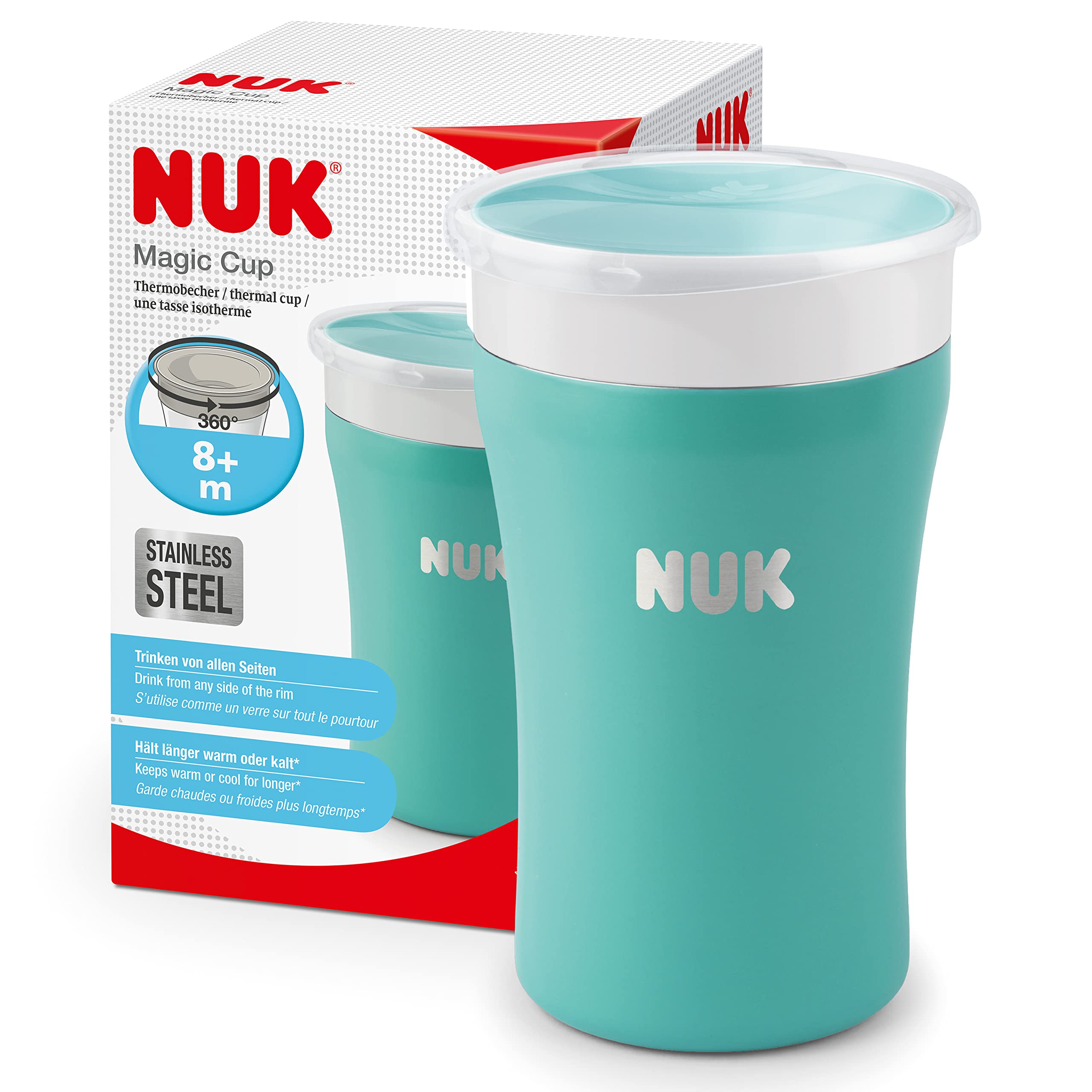 NUK Magic Cup Stainless Steel Sippy Cup | 8+ Months | 230 ml | 360° Anti-Spill, Leak-Proof Rim | Keeps Liquid Cool/Warm Longer | Washable | Blue
