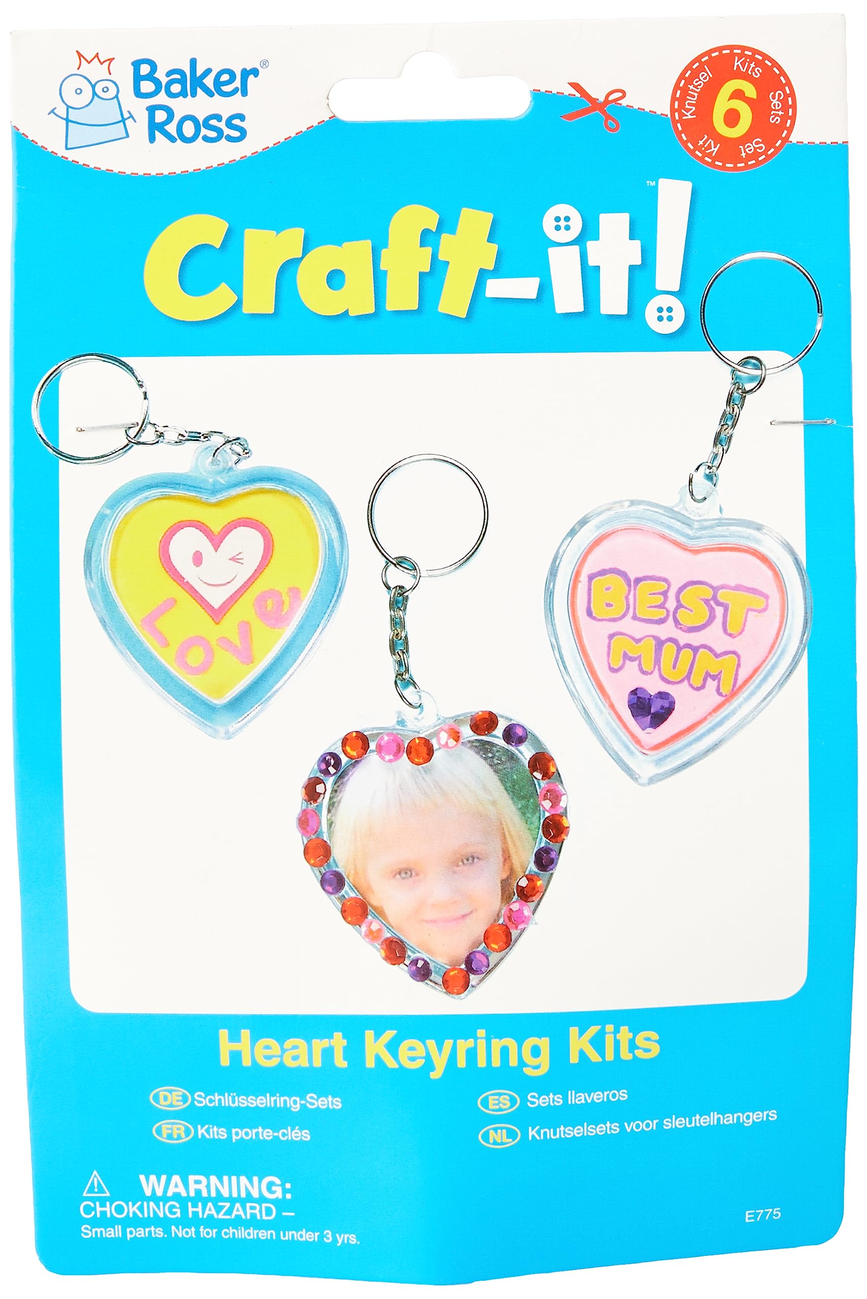 Baker Ross E775 Make Your Own Heart Keyring Kit (Pack of 6), for Kids to Assemble and Attach to Key Rings and Bags, White, 35mm x 39mm