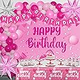 Pink Birthday Decorations for Women Girls, 96PCS Hot Pink Party Decorations Happy Birthday Banner Backdrop Star Silver Rose Red Balloons Arch Tablecloth Balloon Garland Party Supplies