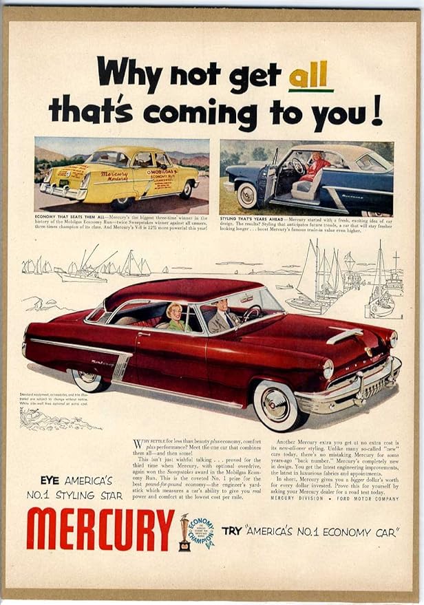 1952年 マーキュリー Mercury アメ車 自動車 イラスト 1950年代 アメリカ雑誌広告 インテリアポスターに 自動車広告 ホーム キッチン Amazon