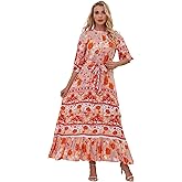HECCPLI Women 3/4 Sleeves Front Buttons Floral Print Casual Bohemian Maxi Dresses