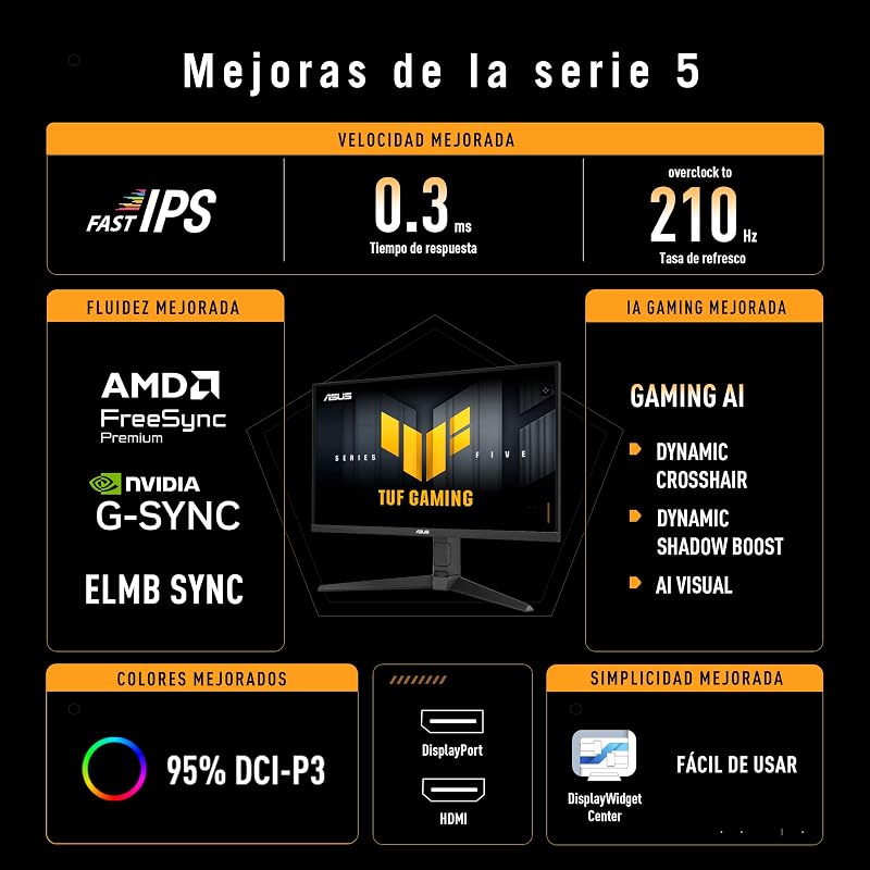 TUF Gaming VG27AQL5A Monitor de 27 polegadas, QHD (2560 x 1440), 210 Hz (OC), IPS rápido, ELMB Sync, 0,3 ms GTG (min), Altifalante estéreo, DisplayWidget Center, AI Gaming, Ajuste de altura