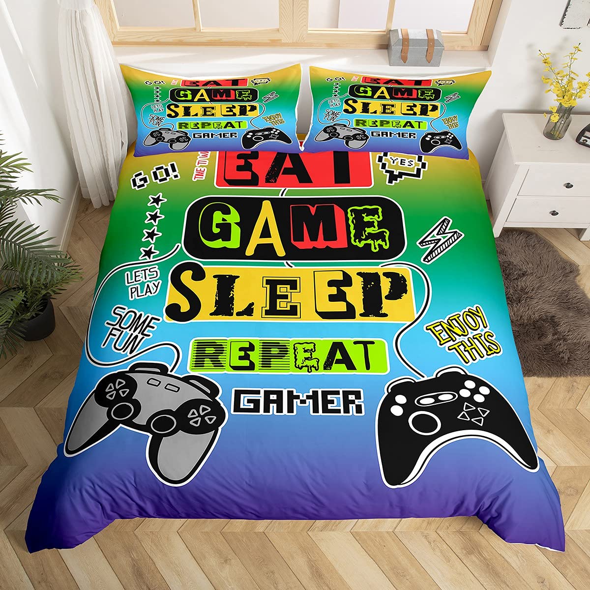 Gaming Duvet Cover Gamer Bedding Set for Boys Teens Girls Kids Decor Eat Sleep Game Repeat Design Comforter Cover Player Video Game Joystick Bedding & Linen 2Pcs Zipper Single Size