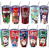 Skylety 10 Sets 20oz Christmas Tumblers with Lids and Straws Christmas Stainless Steel Tumbler Double Wall Insulated Travel Coffee Mug for Xmas Gift Holiday Family Friend Drinks (Whimsical)