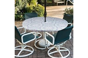 youngseahome Round Outdoor Tablecloth with Umbrella Hole-Waterproof Fitted Table Cover with Elastic Zippered Wipeable Tablecloth,Fits 36"-44" Diameter for Picnic,Patio,Garden(Mandara)