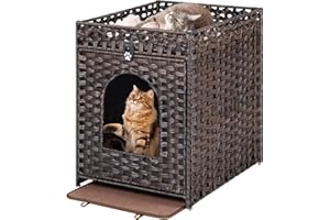 Snughome Cat Litter Box Enclosure Furniture Hidden with Litter Mat, Hidden Cat Washroom Furniture with Door, Handwoven Rattan Cat Washroom Box, Indoor Pet House for Living Room, Bedroom (Brown)