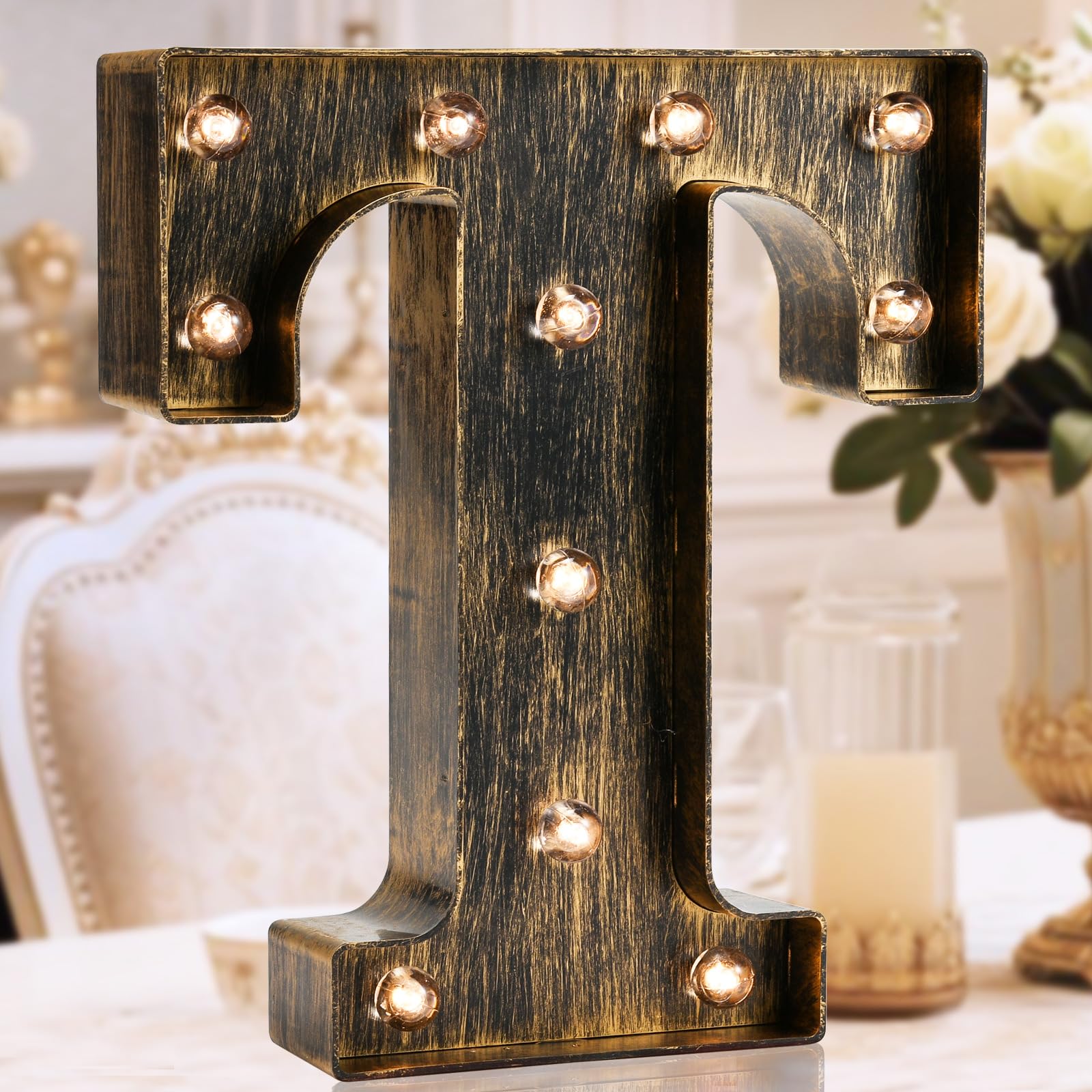 Golden Black Led Marquee Letter - Industrial, Vintage Style Light Up Alphabet Letter Sign for Cafe Wedding Birthday Party Christmas Lamp Home Bar Initials Decor - T