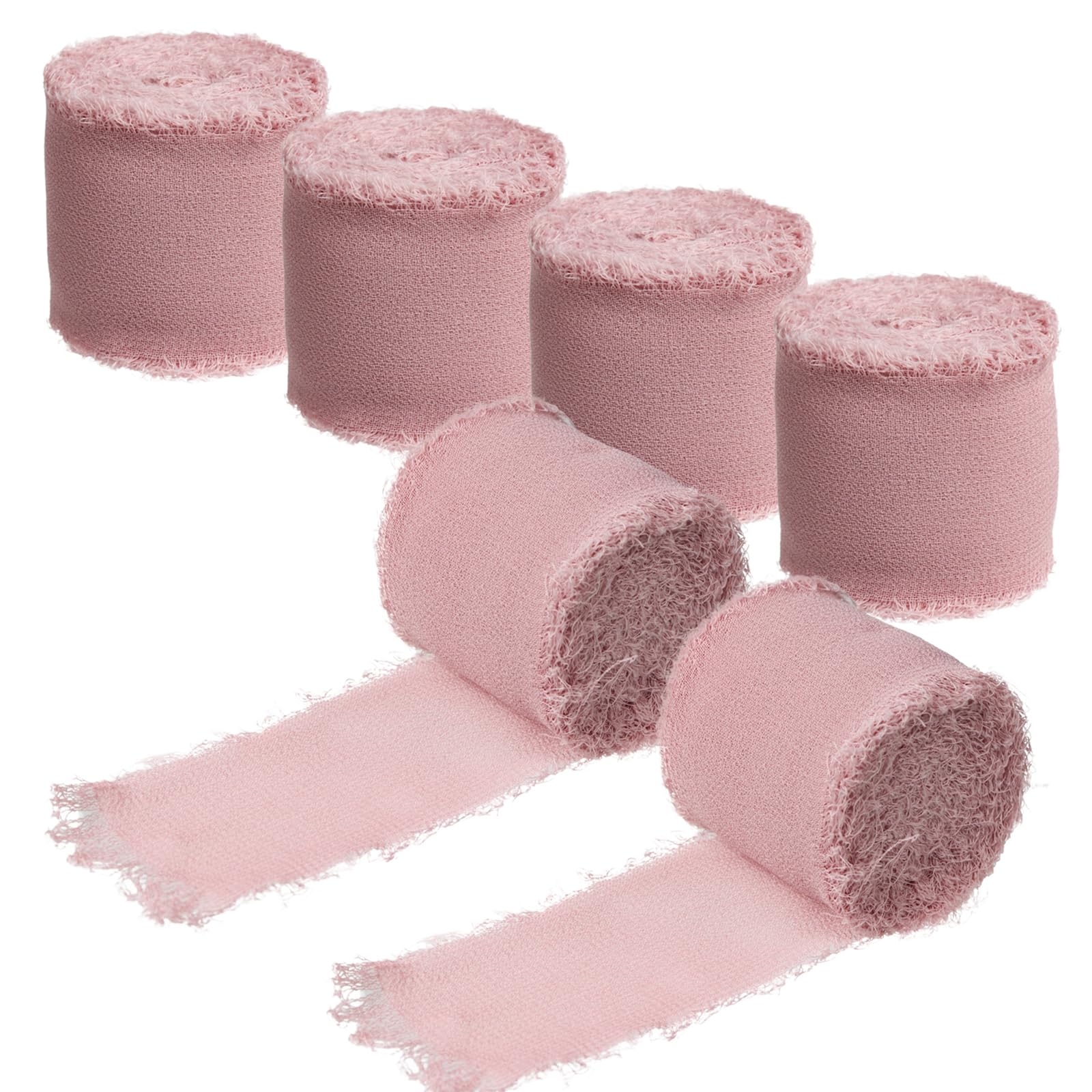 DBOO Handmade Chiffon Ribbon Rolls - 6 Rolls Fringe Chiffon Ribbon 3cm X 5m of Rustic Frayed Edge Ribbon Chiffon Silk Ribbon Vintage Ribbon for Gift Wrapping Bridal Bouquets (Dusty Pink)