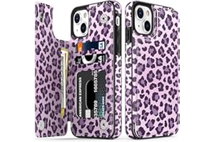 LETO for iPhone 15 Case Flip Folio Leather Wallet - Fashionable Flower Designs - Card Slots,Kickstand - Protective Phone Case for Women and Girls - 6.1" - Purple Leopard