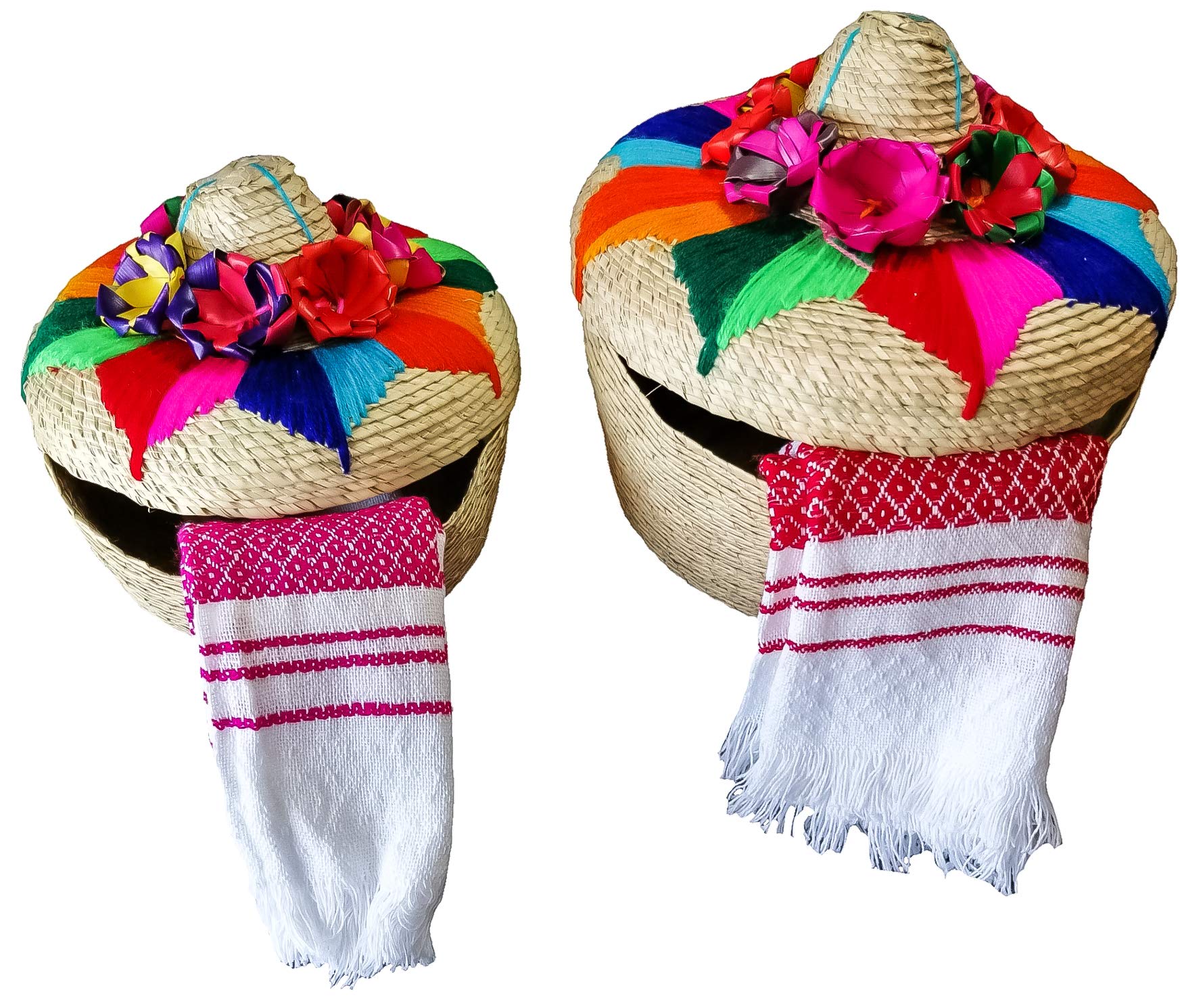 Jacq & Jürgen 2 Pack Handwoven Palm Tortilla Warmers with Hat-Shaped Fiesta-Style Lids + 2 Cloth Napkins- Multicolor