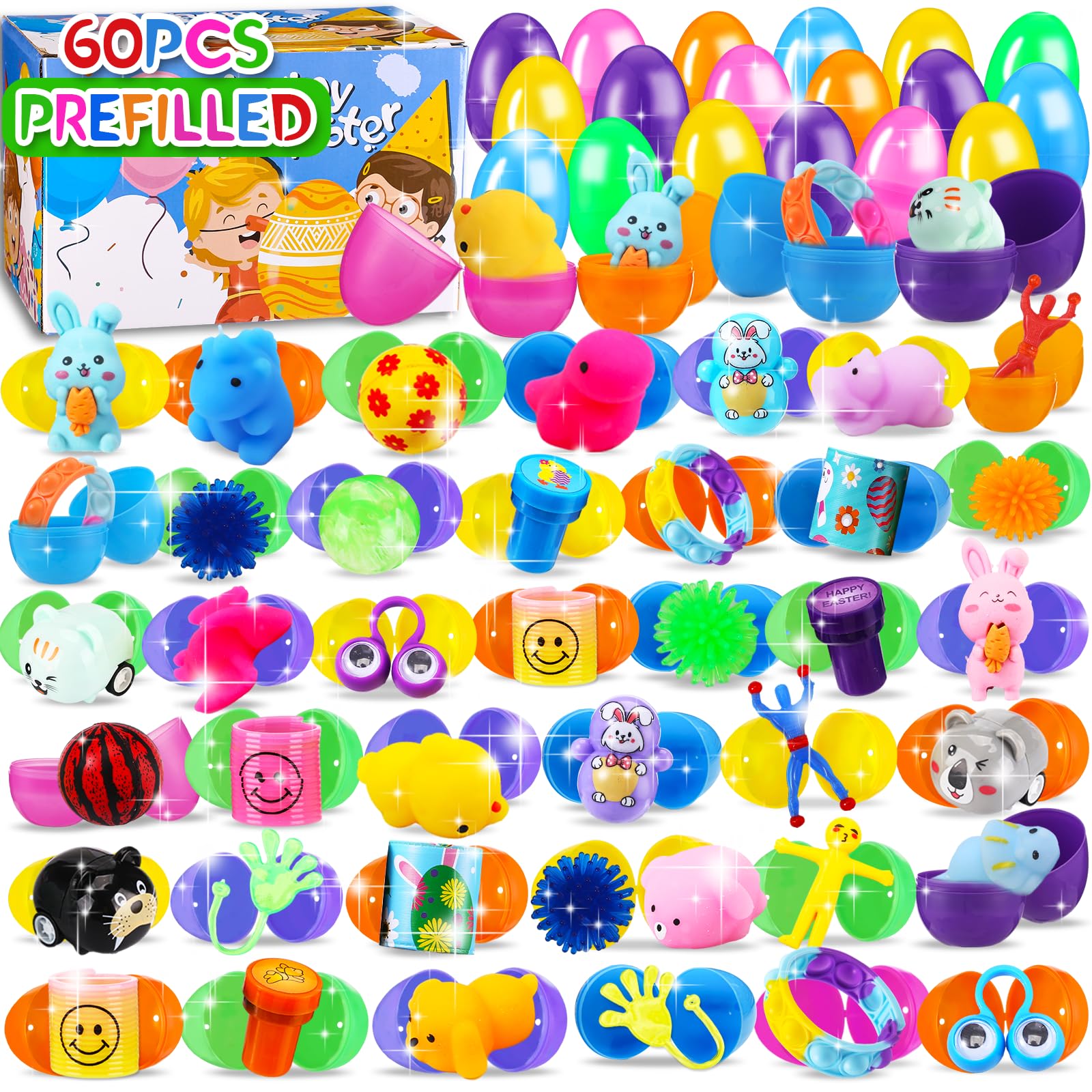 Zunaco 60PCS Prefilled Easter Eggs with Toys Inside, Easter Basket Eggs Filled Stuffers, Easters Theme Party Favors Fidget Hunting Assortment Toys, Treasure Box Party Supplies
