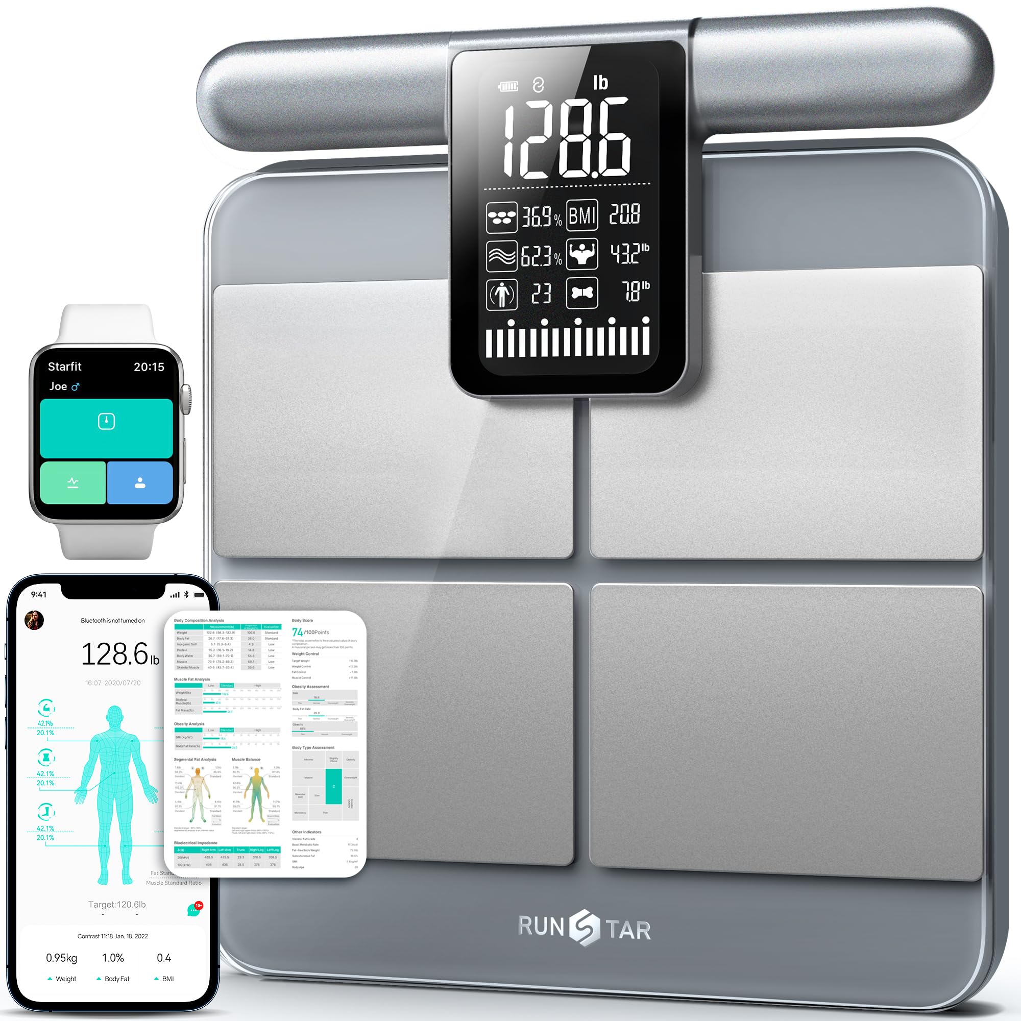 Photo 1 of [SOLD FOR PARTS] Runstar Scale for Body Weight and Fat Percentage, 8-Electrodes Precision Digital Smart Scale for BMI 28 Body Composition Measurement, Silver Bathroom Smart Scales with Large Display