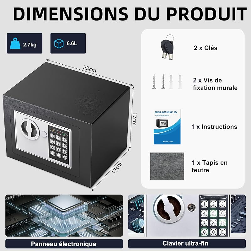 Petit Coffre Fort à Code | Coffre Fort en Acier avec Serrure Électronique à Code de Chiffres | 2 Clés et Code pour Ranger l'argent, Bijoux & Objets de Valeur | 17x23x17cm | Noir