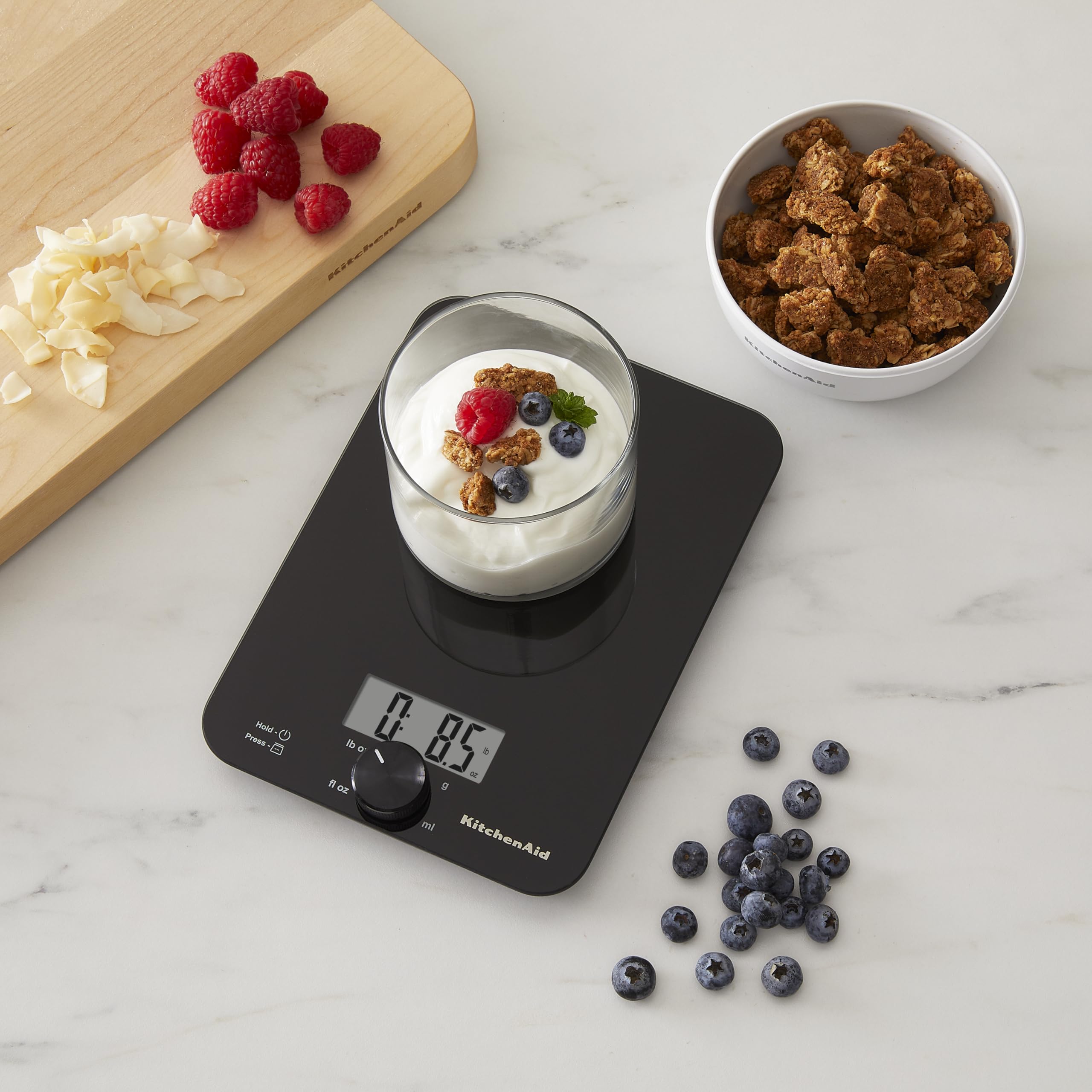 KitchenAid KQ914BA Digital Glass Top Kitchen and Food Scale, 11 lb Capacity, Measures Liquid & Dry Ingredients, Rotating Knob, Precise Results for Baking, Cooking, Keto and Meal Prep, Tare, Black