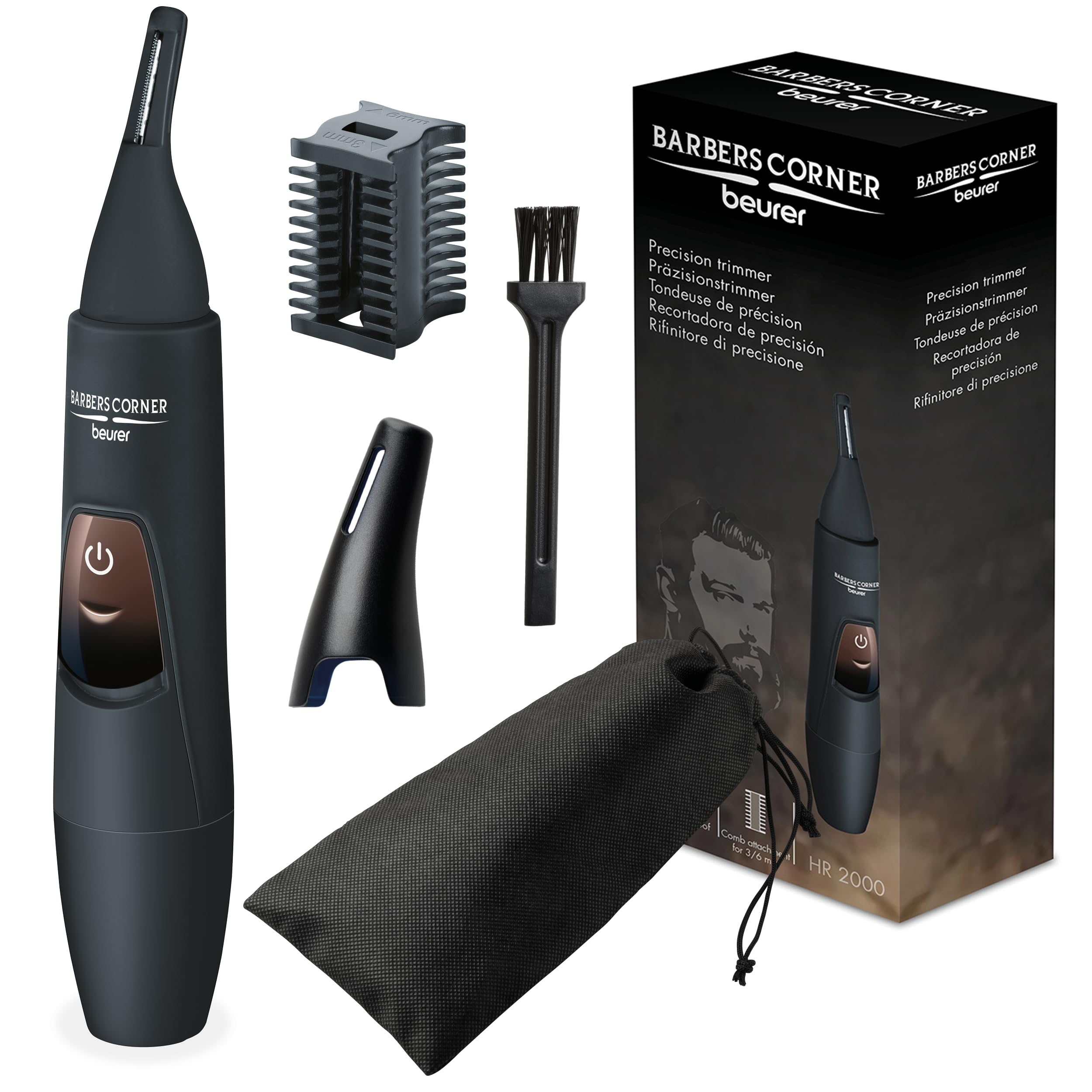 Beurer HR2000 Barbers Corner Precision Trimmer | Shape and trim your eyebrows, nose and ear hair | Perfectly angled design | Includes comb attachment with 2 trim lengths (3mm and 6mm), 58000