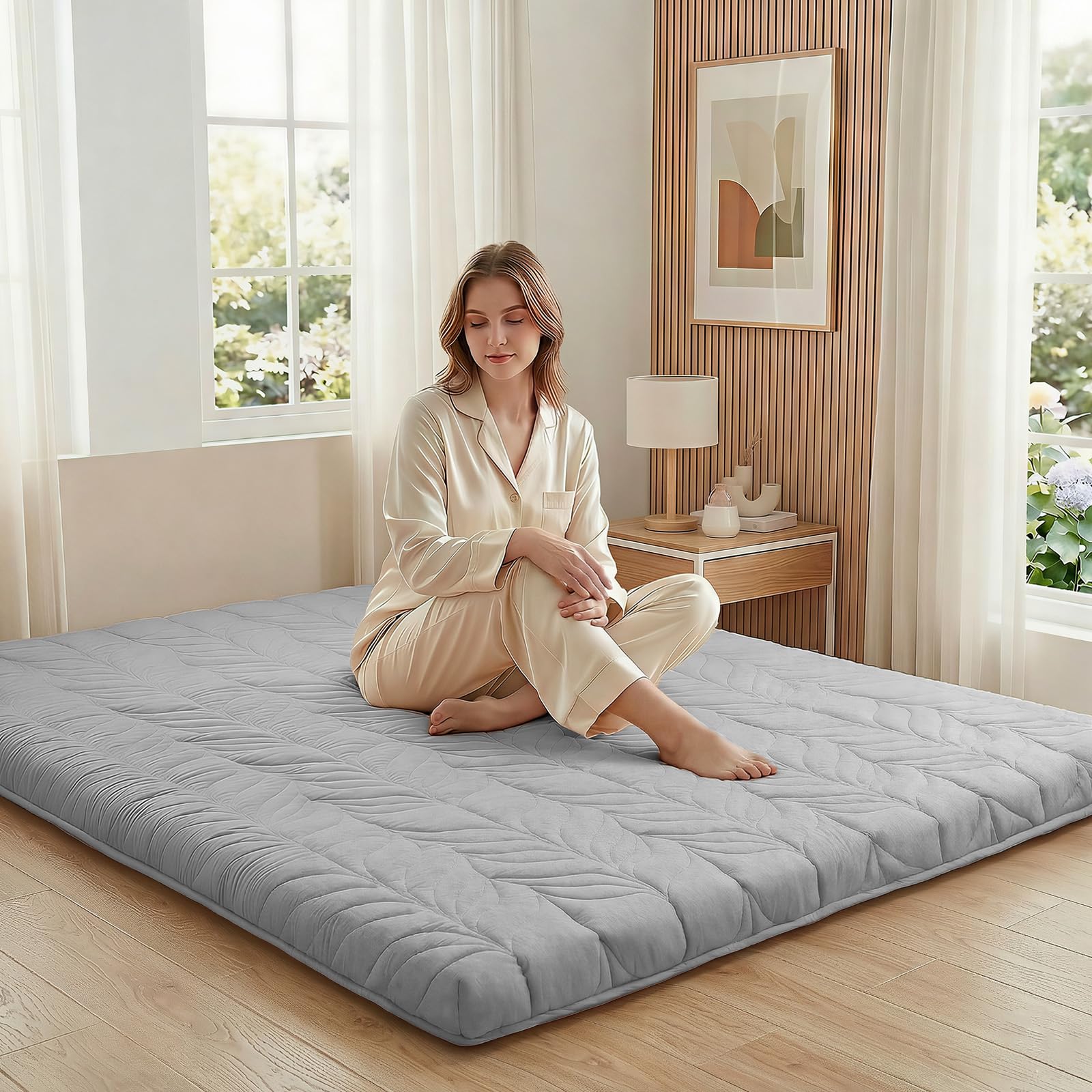 Photo 1 of ZonLi Japanese Floor Mattress Futon Mattress King Size, 4" Thicken Roll Up Tatami Mat 100% Cotton Washable Cover, Portable & Foldable Floor Bed Mattress for Sleeping, Dormitory, Adult Kids, Grey