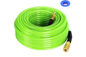FYPower Air Compressor Hose 1/4 Inch x 100 Feet Reinforced Polyurethane (PU) Air Hose with Fittings, Bend Restrictors, 1/4" Industrial Quick Coupler and Plug Kit, Green