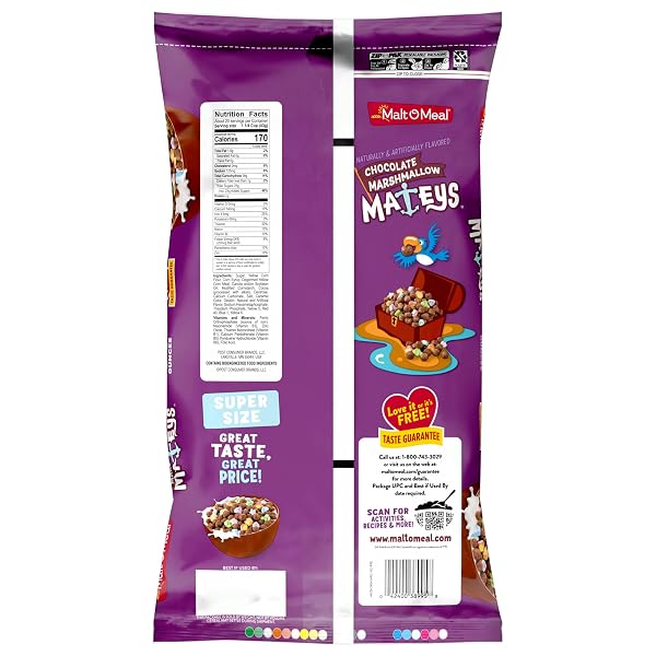 MALT-O-MEAL CHOCOLATE MARSHMALLOW MATEYS BREAKFAST CEREAL, CRUNCHY COCOA WITH MARSHMALLOWS, LARGE SIZE FOR FAMILY, 30 OZ RESEALABLE BAG