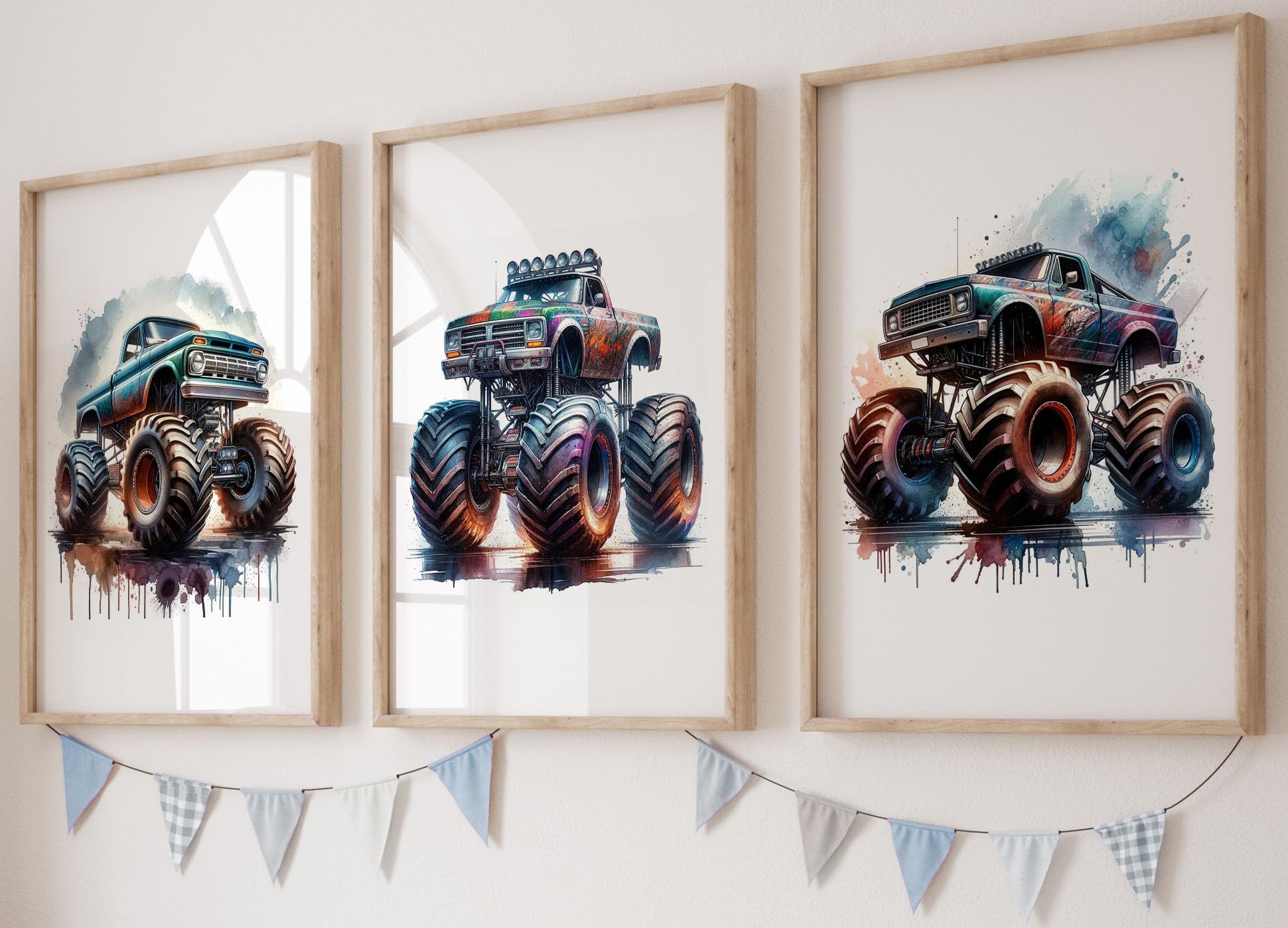 Monster Trucks Set of 3 Unframed Poster Prints for Boy Girl Nursery Bedroom Playroom, Watercolour Design, Wall Art Cars Decor, Off-Road Competition Cars with Oversized Tires, Blue Green Black (A4)