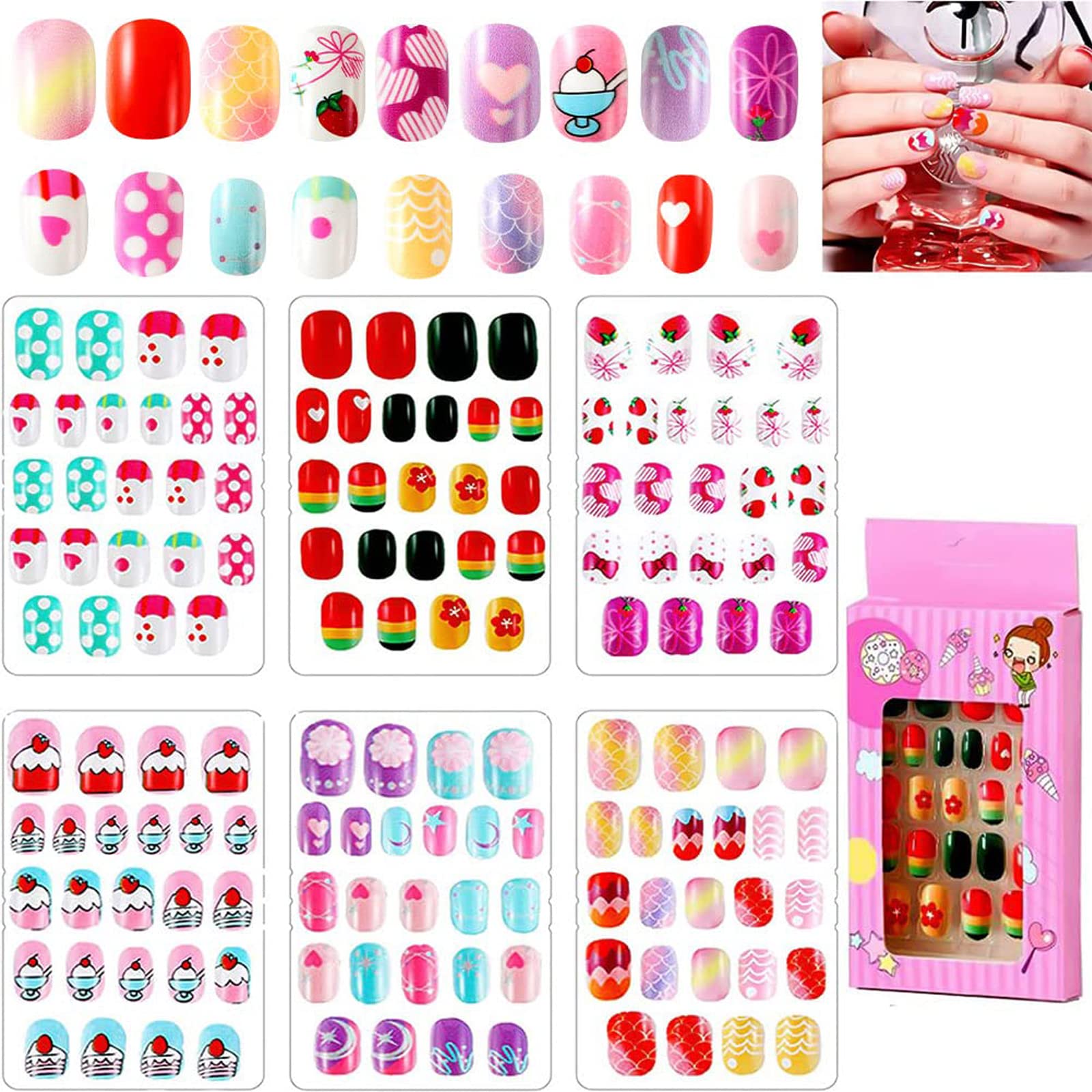 144 Pieces Kids Press on Nails - Full Cover Children's Short False Nails Sets With Cartoon Design for Girls