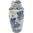 Galt International 16" Blue and White Urn Style Ceramic Porcelain Ginger Jar Classic Temple Landscape Design Home Decor