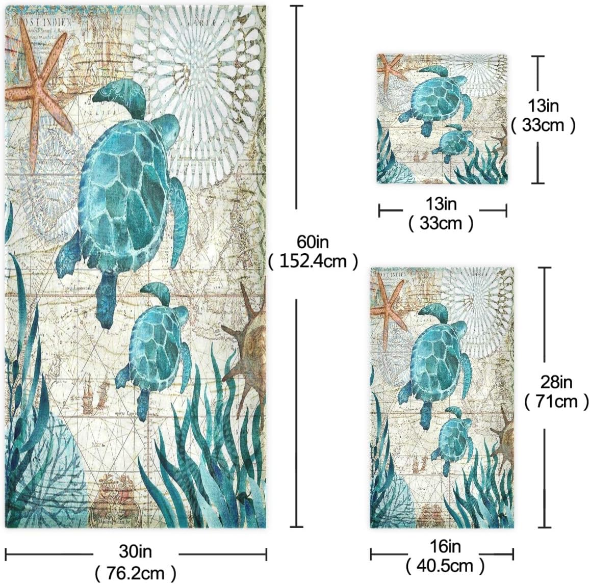Naanle Vintage Ocean Sea Turtles Starfish Map Soft Luxury Decorative Set of 3 Towels, 1 Bath Towel+1 Hand Towel+1 Washcloth, Multipurpose for Bathroom, Hotel, Gym, Spa and Beach: Home & Kitchen