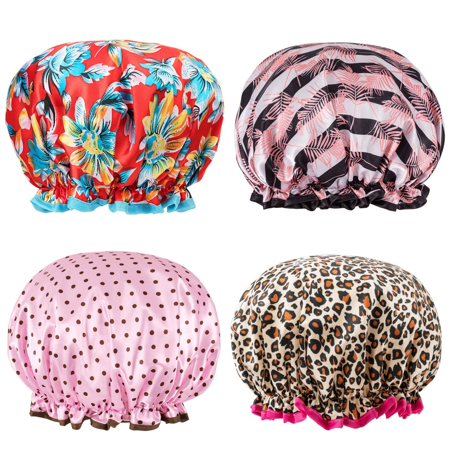 Shower Caps 4 Pack Bath Caps Perfect for Women most Hair Lengths and Thicknesses - Waterproof - Double Layer, Upgraded Version (Style 1) : Beauty