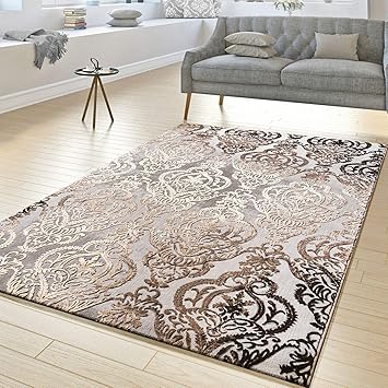 Amazon De T T Design Teppich Wohnzimmer Abstrakt Ornament Muster Kurzflor Teppich Meliert Grau